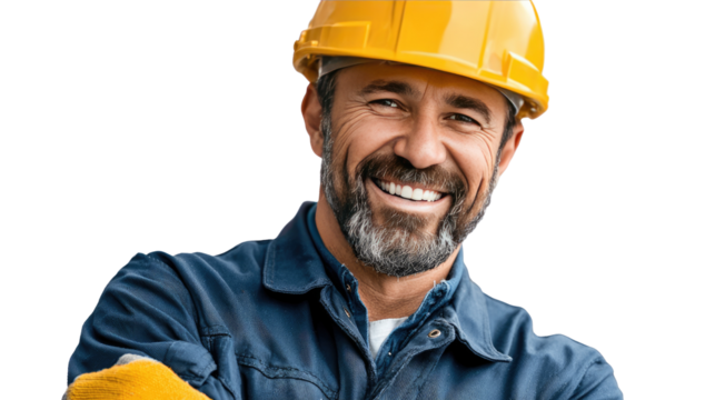 Construction Worker: A cheerful and skilled construction worker with a warm smile, protective gear, and a friendly demeanor, embodying the spirit of construction and tradesmanship.
