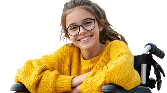 Girl in Wheelchair: A smiling young girl with glasses sitting in a wheelchair, exuding confidence and happiness. The image conveys strength, resilience, and an uplifting spirit. 