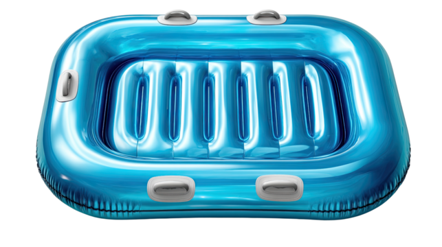 Inflatable Raft: A vibrant blue inflatable raft, a symbol of aquatic adventure and leisurely floating on the water. Capturing the essence of summertime fun and water recreation.