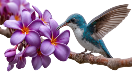 Hummingbird and Plumeria: A vibrant hummingbird with iridescent blue-green feathers delicately feeds on a cluster of fragrant purple plumeria blossoms.