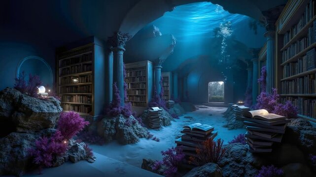 A room filled with lots of books under the water