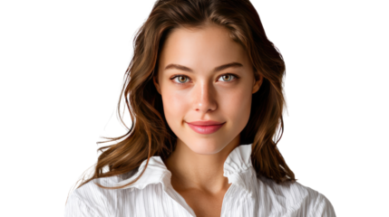 Serene Portrait: A young woman with flowing brown hair and striking eyes, framed in a captivating portrait of youthful confidence and approachable grace.
