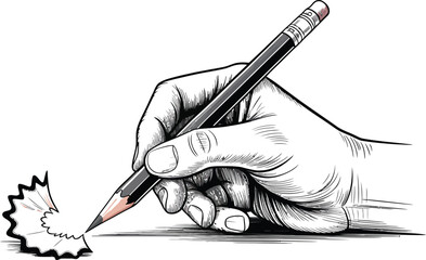 Illustration of a hand holding a pencil with a pencil shaving on a white background drawing style