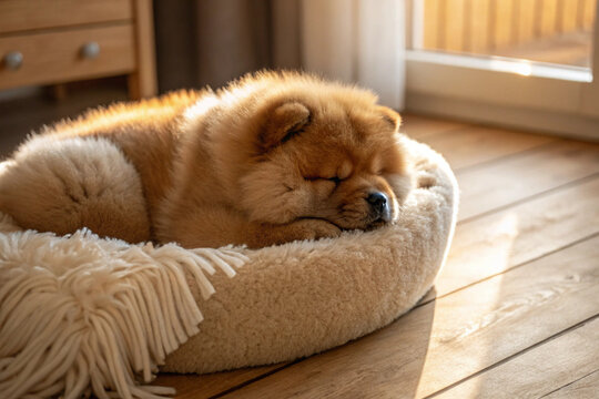 Adorable fluffy Chow Chow puppy sleeping