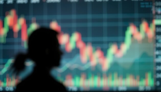 A Blurred Silhouette of a Person is Seen in The Foreground With a Background of a Stock Market Chart Displaying a Fluctuating Trend Line in Red and Green
