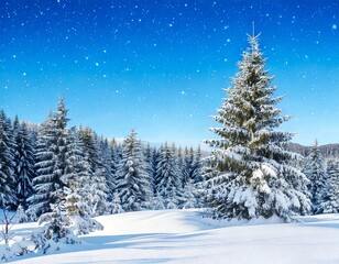 Fototapeta premium Beautiful winter snowy background. Snow-covered fir tree in forest in snowdrifts in snowfall 