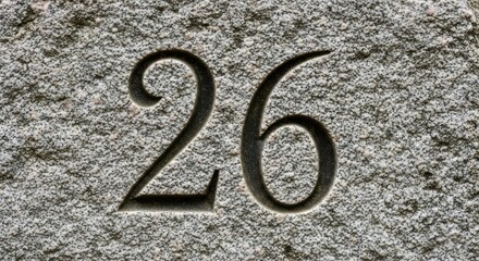 A symbol of permanence, the number 26 is deeply engraved into a textured natural stone surface. Close-up detail of the numeral twenty-six.