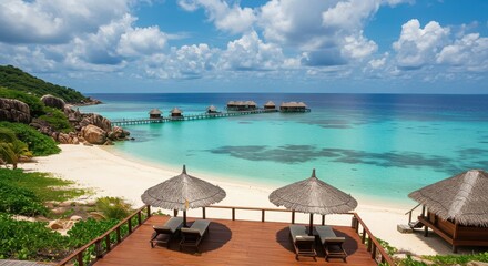 Fototapeta premium Luxurious overwater bungalows on a tropical island beach with lounge chairs