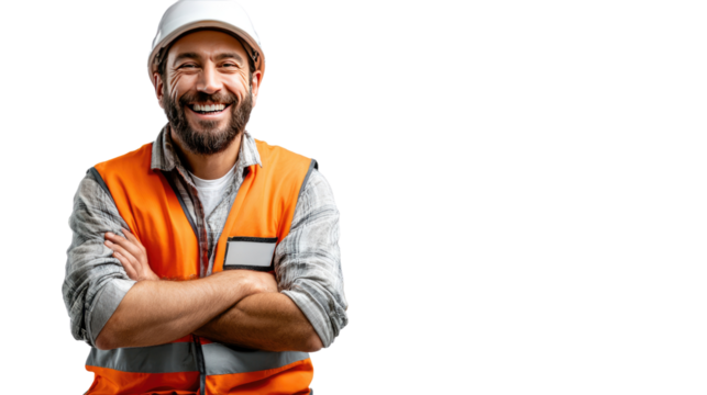 Construction worker smiling cheerfully: A cheerful construction worker stands confidently with arms crossed, radiates positivity, wearing a safety vest and helmet.