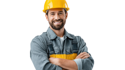 Construction worker with crossed arms: A construction worker with a yellow helmet, smile while cross arms, embodying the essence of confidence and expertise.