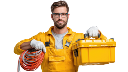 Confident Craftsman with Toolbox: A skilled electrician, donned in his work attire, exudes confidence as he poses with his essential toolkit and electrical cable, ready for the task at hand. 