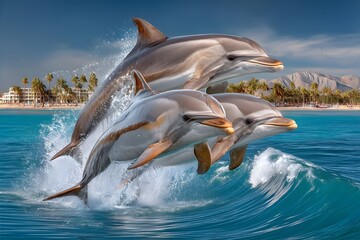Obraz premium Wild dolphins jumping in coastal surf high resolution picture
