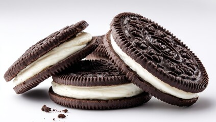 Fototapeta premium Delicious Chocolate Sandwich Cookies with Creamy White Filling on a White Background, Perfect for Snacks and Desserts