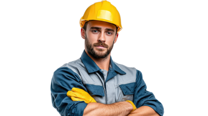 Confident Construction Worker: A skilled construction worker, wearing a yellow hard hat, gazes with assured confidence, hands crossed, highlighting dedication, expertise.
