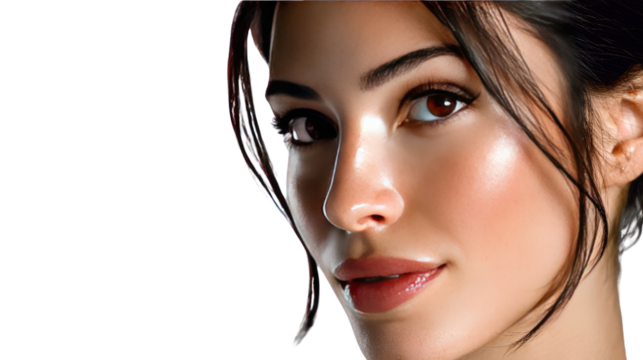 Radiant Elegance: A close-up portrait of a captivating woman, her skin glowing with natural beauty. Her radiant gaze hints at inner strength and serenity.