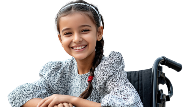 Radiant Smile: A portrait of a cheerful young girl in a wheelchair, her eyes sparkling with joy and her smile infectious. Capturing resilience, positivity, and the spirit of childhood.
