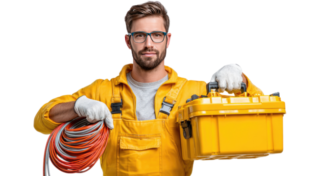 Confident Craftsman with Toolbox: A skilled electrician, donned in his work attire, exudes confidence as he poses with his essential toolkit and electrical cable, ready for the task at hand. 