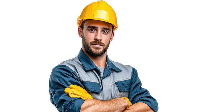 Confident Construction Worker: A skilled construction worker, wearing a yellow hard hat, gazes with assured confidence, hands crossed, highlighting dedication, expertise.