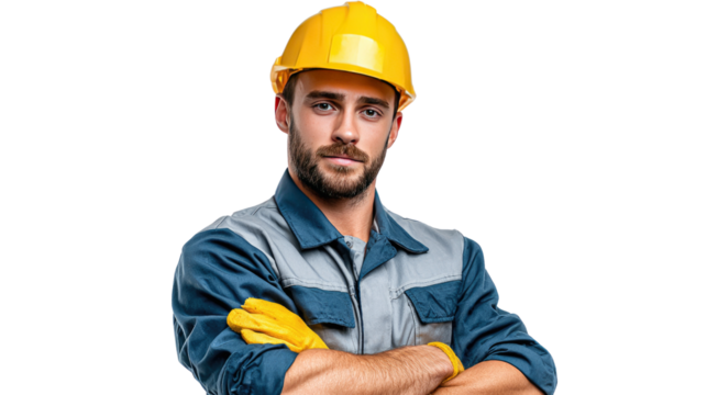 Confident Construction Worker: A skilled construction worker, wearing a yellow hard hat, gazes with assured confidence, hands crossed, highlighting dedication, expertise.