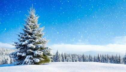 Fototapeta premium Beautiful winter snowy background. Snow-covered fir tree in forest in snowdrifts in snowfall 