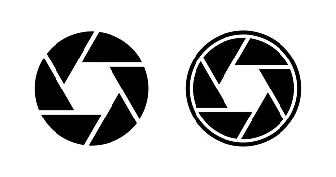 Camera icon. Camera lens. Black shutter zoom isolated on white background. Logo photo. Aperture diagram. Eye diaphragm. Silhouette circle lenses. Flat cinema circles for photos. Vector illustration