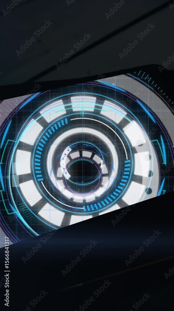 Poster animation of blue circular scanner processing data on screen of tablet on dark background