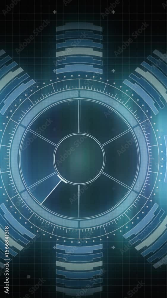 Wall mural animation of circular scanner and processing data over blue lights on black background