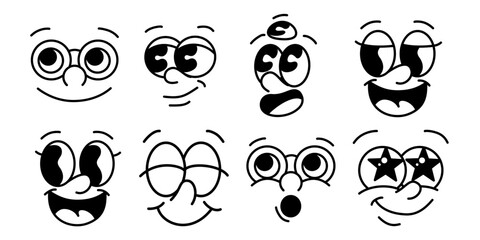 Cartoon groovy comic set. Vintage retro 70's stickers with cartoon faces expressing different emotions. Design Elements for Character Constructor.