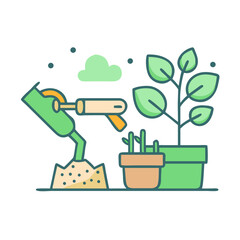 Gardener using trowel for planting in pots with green plants and soil

