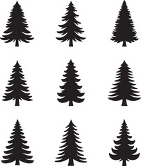 Obraz premium Nine Evergreen Pine Tree Silhouettes Vector Illustrations for Design Projects