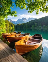 Wooden boats docked on a lake, with mountains and trees