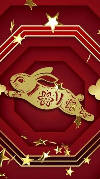 Animation of chinese traditional decorations with rabbit and stars on red background
