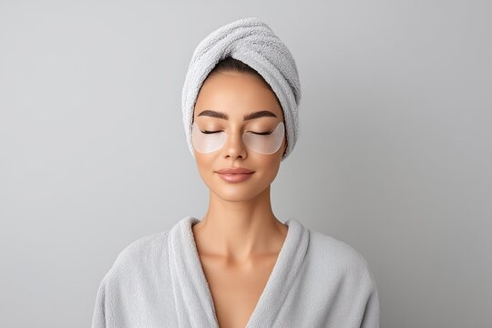 Relaxing woman wearing towel and eye patches enjoying spa day - Powered by Adobe