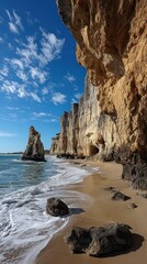 Fototapeta premium Waves gently lap against the golden sand as towering cliffs dominate the coastline