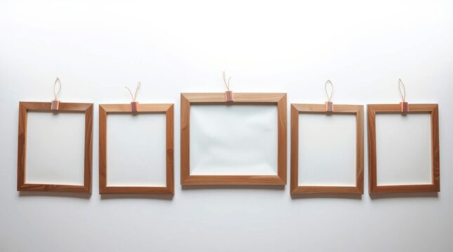 Five wooden frames hang evenly spaced against a blank, white wall in a symmetrical pattern.