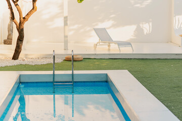Swimming pool with ladder and green lawn