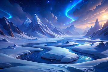 Zimowa kraina z g&oacute;rami, lodowymi rzekami i zorzą polarną na nocnym niebie