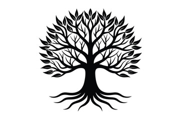 Fototapeta premium A black vector tree silhouette with roots and leafy branches, symbolizing nature's growth and the changing seasons