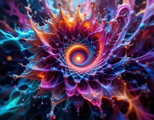 the image features an abstract, intricate spiral pattern, radiating outward from a bright core