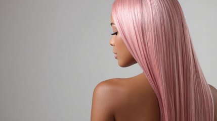 Fototapeta premium Pink hair African American woman with smooth skin and long straight hairstyle posing with closed eyes and calm expression