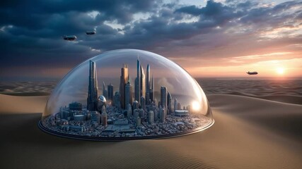 A glass dome in the middle of a desert with a city inside of it - Powered by Adobe