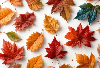 the image displays several autumn leaves scattered against a bright backdrop. the leaves are in various shades of yellow, orange, red, and blue green. they have varying sizes and shapes