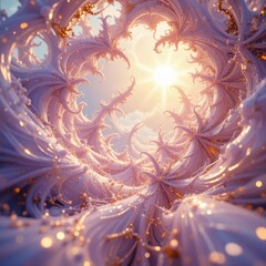 the image features a swirling, ornate structure made of delicate, curving tendrils in hues of lavender and white
