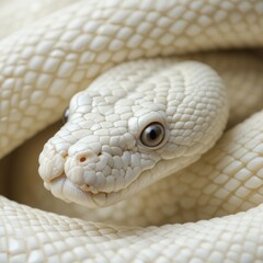 captured in a close up shot is a snake, its body coiled elegantly around itself. the reptile features an ivory colored skin covered in small, scale like patterns