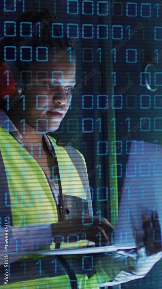 Poster animation of binary coding over african american male it engineer and computer servers