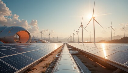 the image showcases a futuristic landscape with a focus on sustainable energy. in the foreground, there are large arrays of sun absorbing panels aligned in neat rows, reflecting sunlight