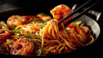 Savory shrimp lo mein noodles stir-fry with spring onions in a wok pan, delicious cuisine for a meal or catering services.