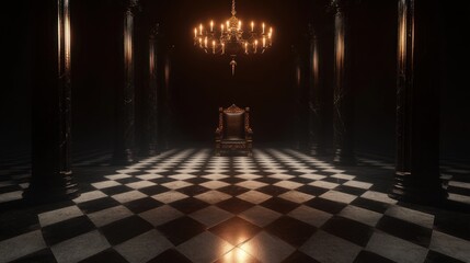Dark, regal throne room with checkered floor.