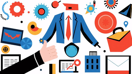 flat illustration of businessman with gear and chart icons representing corporate management