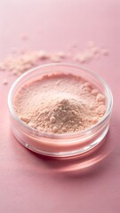 Close-up of delicate pink cosmetic powder in a glass jar on a blush pink background, soft light, luxurious texture, beauty product, skincare, makeup.